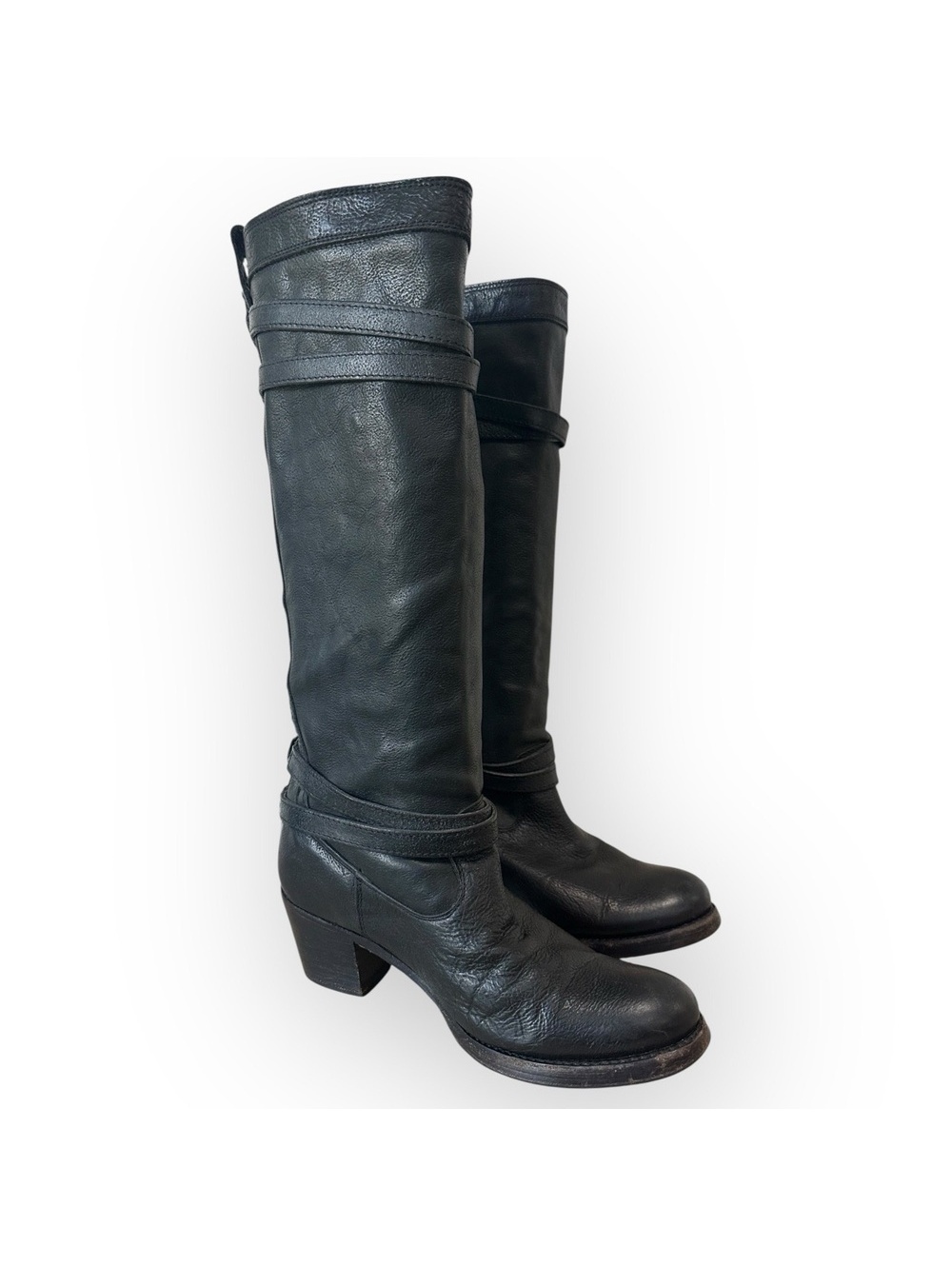 Frye 90’s Black Buckle Straps Block Heel Knee High Grunge Boots